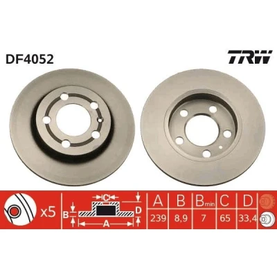Bilde av TRW DF4052 Bremseskiver 239 8,9 5 100 fullt ut spraylakkert VOLKSWAGEN: Golf 4, 4 Variant, Bora Sedan, AUDI: A3 Hatchback, TT Coupé, Roadster