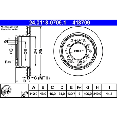 Bilde av ATE 24.0118 0709.1 Bremseskiver 312,0 18,0 6 139,7 ventilert belagt TOYOTA: Land Cruiser Prado 120, 150, 90