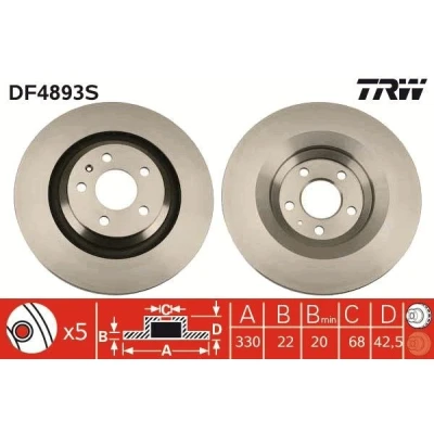 Bilde av TRW DF4893S Bremseskiver 330 22 5 112 ventilert spraylakkert AUDI: A6 C6 Avant, Allroad, Sedan