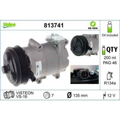 Bilde av VALEO 813741 Kompressor VS16 12V PAG 46 R134a med kompressorlje REMANUFACTURED