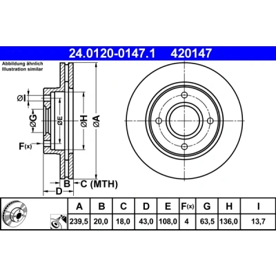 Bilde av ATE 24.0120 0147.1 Bremseskiver 239,5 20,0 4 108,0 ventilert belagt FORD: Escort 5, 6