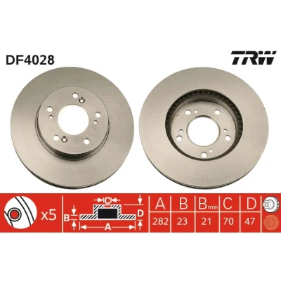 Bilde av TRW DF4028 Bremseskiver 282 23 5 114 ventilert spraylakkert HONDA: Legend 3 Limousine, CR V 1, Prelude