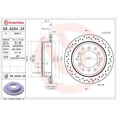Bilde av BREMBO Bremseskive TOYOTA: Land Cruiser Prado 150 312mm 18mm 6 perforert / ventilert belagt 09.A334.2X Bremseskiver, Skivebremser