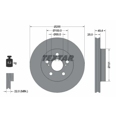 Bilde av TEXTAR 92301703 Bremseskiver 255 25 05/07 100 innvendig ventilert belagt uten hjulfestebolt, hjulnav TOYOTA: Prius IV Liftback