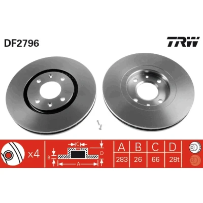 Bilde av TRW DF2796 Bremseskiver 283 26 4 108 ventilert spraylakkert PEUGEOT: 406 Sedan, Stasjonsvogn