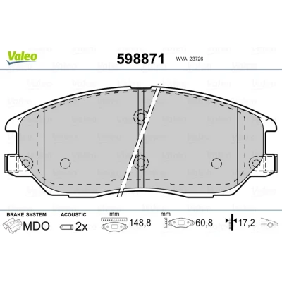 Bilde av VALEO 598871 Bremseklosser framaksel inkl. slitasjevarselkontakt med antihyle blikk SSANGYONG: Rexton / 2, W, Actyon Sports I Pick up