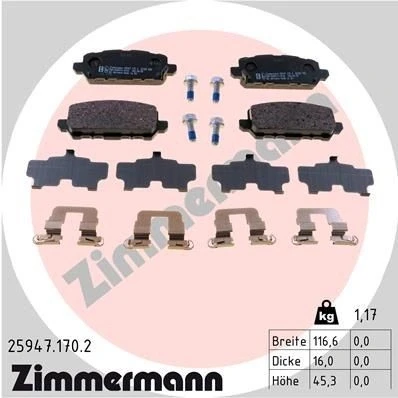 Bilde av ZIMMERMANN 25947.170.2 Bremseklosser med akustisk slitasjevarsel skruer Bildet viser leveranseinnholdet, glideplate HONDA: HR V II