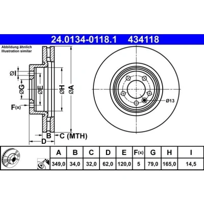 Bilde av ATE Bremseskive LAND ROVER: Discovery 5, Range Rover Sport, 4 349,0mm 34,0mm 5 120,0mm ventilert belagt legert / høykull 24.0134 0118.1