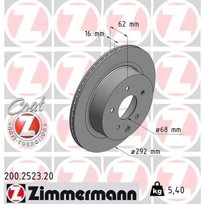 Bilde av ZIMMERMANN COAT Z 200.2523.20 Bremseskiver 292 16 6/5 5 114 innvendig ventilert belagt NISSAN: Leaf I, Qashqai / Qashqai+2 X Trail