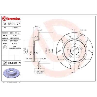 Bilde av BREMBO 08.B601.75 Bremseskiver 280 11 5 fullt ut belagt FORD: Transit Connect V408 Van, KUGA 2, C Max 2