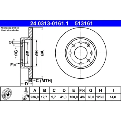 Bilde av ATE PowerDisc 24.0313 0161.1 Bremseskiver 236,0 12,7 4 100,0 fullt ut belagt med skruer OPEL: Vectra A Sedan, Corsa B Hatchback, Ascona C Sedan