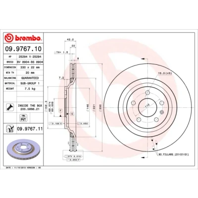 Bilde av BREMBO COATED DISC LINE 09.9767.11 Bremseskiver 330 22 5 innvendig ventilert belagt med skruer AUDI: A6 C6 Avant, Allroad, Sedan