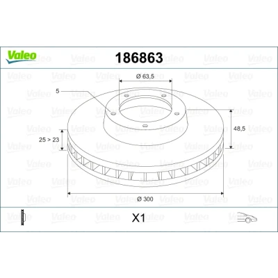 Bilde av VALEO 186863 Bremseskiver framaksel 300 25 5 ventilert FORD: FOCUS 3, Transit Connect V408 Van, 3 Turnier, VOLVO: V40 Hatchback, V50, C30