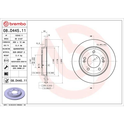 Bilde av BREMBO 08.D445.11 Bremseskiver 262 10 5 fullt ut belagt høy karbon med skruer HYUNDAI: Ioniq, KIA: Niro