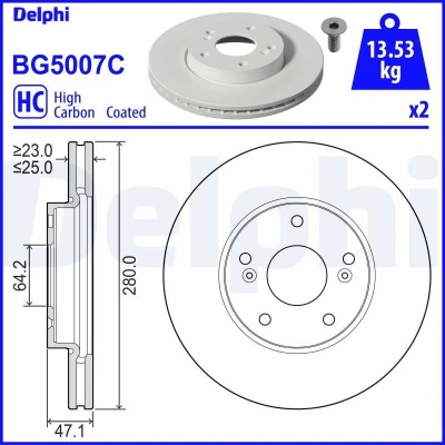 Bilde av DELPHI BG5007C Bremseskiver 280 25 5 ventilert belagt høy karbon uten hjullager, ABS sensorring HONDA: CIVIC 9