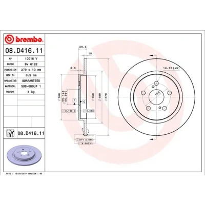 Bilde av BREMBO 08.D416.11 Bremseskiver 279 10 5 fullt ut belagt TOYOTA: Urban Cruiser, LEXUS: CT