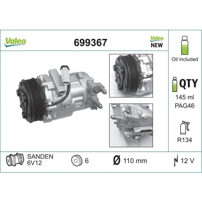 Bilde av VALEO 699367 Kompressor 6V12 12 PAG 46 R 134a med kompressorlje NEW ORIGINAL PART