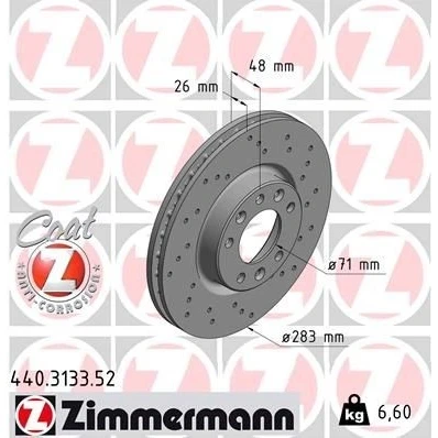 Bilde av ZIMMERMANN SPORT COAT Z 440.3133.52 Bremseskiver 283 26 8/5 5 108 innvendig ventilert, hullet belagt PEUGEOT: 308 SW 2, II Hatchback