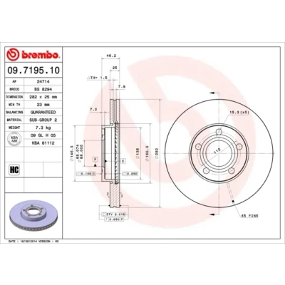 Bilde av BREMBO 09.7195.10 Bremseskiver 282 25 5 innvendig ventilert VOLKSWAGEN: Passat B5 Stasjonsvogn, Sedan