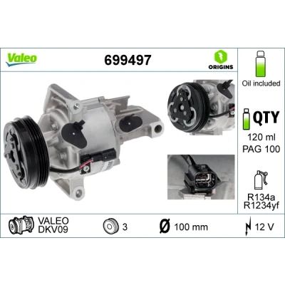 Bilde av VALEO 699497 Kompressor DKV09Z 12 PAG 100 R 134a, 1234yf med kompressorlje