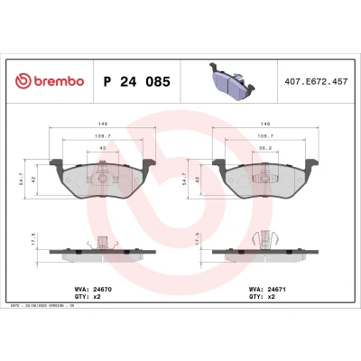Bilde av BREMBO P 24 085 Bremseklosser ekskl. slitasjevarselkontakt med kolbleklips uten tilbehør