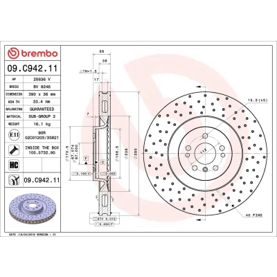 Bilde av BREMBO 09.C942.11 Bremseskiver 390 36 5 perforert / ventilert belagt høy karbon med skruer MERCEDES BENZ: ML Klasse, R Klasse