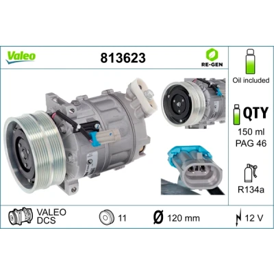 Bilde av VALEO 813623 Kompressor DCS 12V PAG 46 R134a med kompressorlje REMANUFACTURED