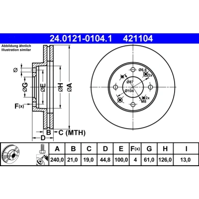 Bilde av ATE 24.0121 0104.1 Bremseskiver 240,0 21,0 4 100,0 ventilert belagt med skruer HONDA: CIVIC 6 Coupe, Stufenheck