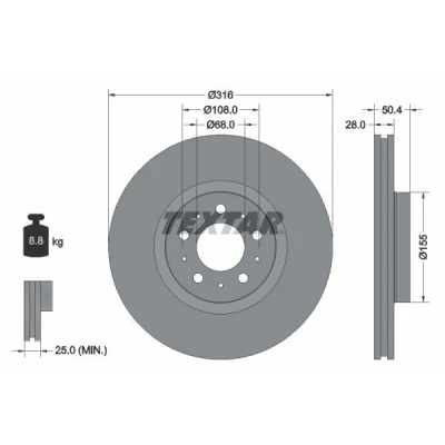 Bilde av TEXTAR PRO 92126603 Bremseskiver 316 28 05/10 108 utvendig ventilert belagt uten hjulfestebolt, hjulnav VOLVO: XC90 I, S60 I