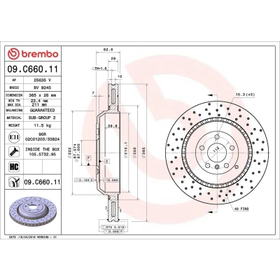 Bilde av BREMBO 09.C660.11 Bremseskiver 365 26 5 perforert / ventilert belagt høy karbon med skruer MERCEDES BENZ: ML Klasse, R Klasse