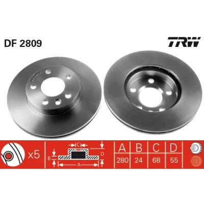 Bilde av TRW DF2809 Bremseskiver 280 24 5 112 ventilert spraylakkert VOLKSWAGEN: Transporter 4 Bus,