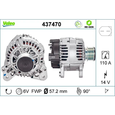 Bilde av VALEO 437470 Dynamo 14V 110A VOLKSWAGEN: Transporter 5 Bus, Passat B6 Variant, Caddy 3, SKODA: Octavia 2 Combi, Fabia 2, II Hatchback
