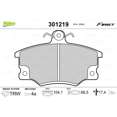 Bilde av VALEO 301219 Bremseklosser FIRST framaksel inkl. slitasjevarselkontakt uten antiskrike blikk FIAT: Punto I Cabrio, Barchetta, Panda Hatchback