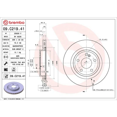 Bilde av BREMBO COATED DISC LINE 09.C219.41 Bremseskiver 295 22 5 innvendig ventilert belagt høy karbon med skruer MERCEDES BENZ: A Klasse, CLA Coupé, GLA