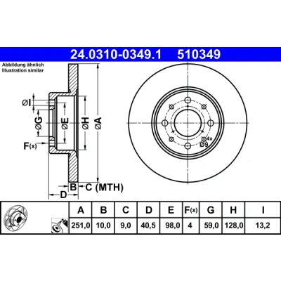 Bilde av ATE PowerDisc 24.0310 0349.1 Bremseskiver 251,0 10,0 4 98,0 fullt ut belagt ALFA ROMEO: MiTo