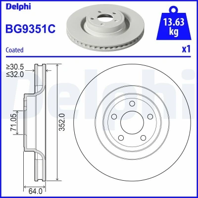 Bilde av DELPHI BG9351C Bremseskiver 352 32 5 ventilert belagt ubehandlet uten hjullager, ABS sensorring FORD USA: Mustang Mk6 Coupé