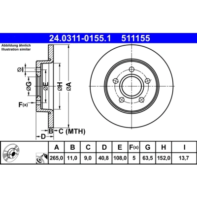 Bilde av ATE PowerDisc 24.0311 0155.1 Bremseskiver 265,0 11,0 5 108,0 fullt ut belagt FORD: Focus 2 Kombi, 2, C Max