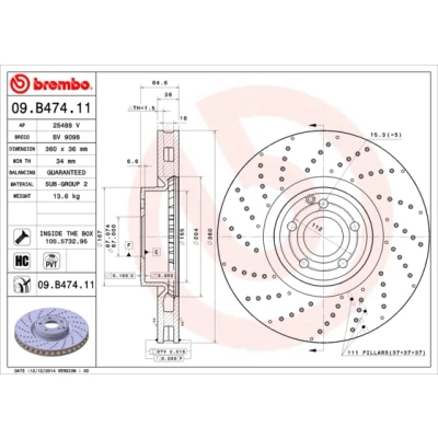 Bilde av BREMBO COATED DISC LINE 09.B474.11 Bremseskiver 360 36 5 perforert / ventilert belagt høy karbon med skruer MERCEDES BENZ: SL Cabrio