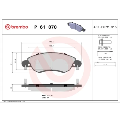 Bilde av BREMBO P 61 070 Bremseklosser inkl. slitasjevarselkontakt med bremsecaliperskruer uten tilbehør CITROËN: C5 I Hatchback, II Hatchback