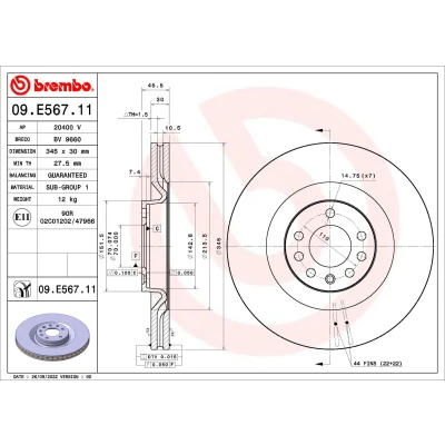 Bilde av BREMBO 09.E567.11 Bremseskiver 345 30 7 innvendig ventilert belagt SAAB: 9 3 Sedan, Stasjonsvogn, Cabrio, OPEL: Vectra C Caravan, CC