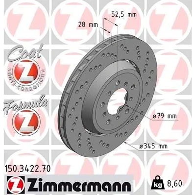 Bilde av ZIMMERMANN FORMULA Z COAT 150.3422.70 Bremseskiver 345 28 10/5 5 120 ventilert, hullet, todelt bremseskive belagt legert / høykull BMW: 3 Coupé