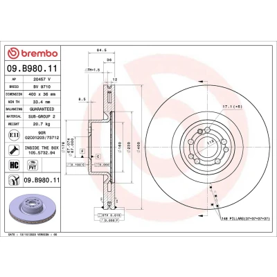 Bilde av BREMBO Bremseskive MERCEDES BENZ: S Klasse Sedan 400mm 36mm 5 innvendig ventilert belagt høy karbon 09.B980.11 A2224210812,2224210812 Bremseskiver