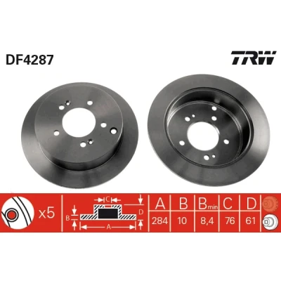 Bilde av TRW DF4287 Bremseskiver 284 10 5 114,3 fullt ut spraylakkert KIA: Sportage III, II, HYUNDAI: ix35, Tucson, Santa Fe I