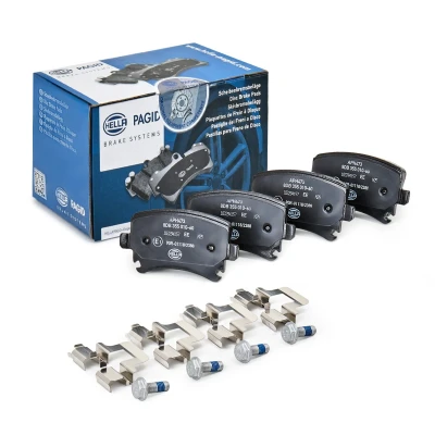 Bilde av HELLA 8DB 355 010 601 Bremseklosser klargjort for slitasjeindikator med bremsecaliperskruer tilbehør VOLKSWAGEN: Caddy 3, Passat B6 Variant