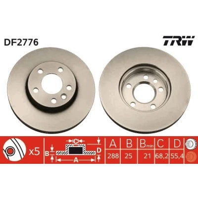 Bilde av TRW DF2776 Bremseskiver 288 25 5 112 ventilert spraylakkert høy karbon VOLKSWAGEN: Sharan I, FORD: Galaxy Mk1 MPV, SEAT: Alhambra I
