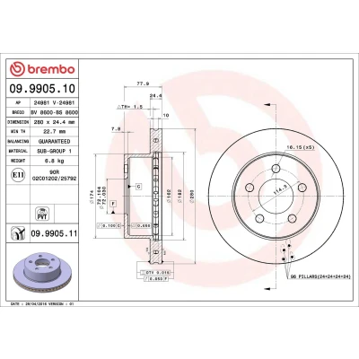 Bilde av BREMBO COATED DISC LINE 09.9905.11 Bremseskiver 280 24,5 5 innvendig ventilert belagt JEEP: Cherokee II, WRANGLER 2