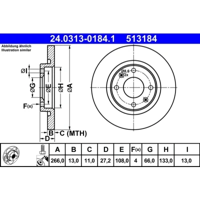 Bilde av ATE PowerDisc 24.0313 0184.1 Bremseskiver 266,0 13,0 4 108,0 fullt ut belagt med skruer CITROËN: C4 II Cactus, Berlingo / First I Van