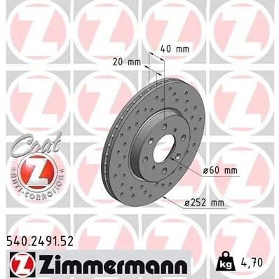 Bilde av ZIMMERMANN SPORT COAT Z 540.2491.52 Bremseskiver 252 20 8/4 4 100 innvendig ventilert, hullet belagt SUZUKI: SWIFT 3, OPEL: Agila B
