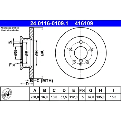 Bilde av ATE 24.0116 0109.1 Bremseskiver 258,0 16,0 5 112,0 fullt ut VOLKSWAGEN: TRANSPORTER 3 Bus,