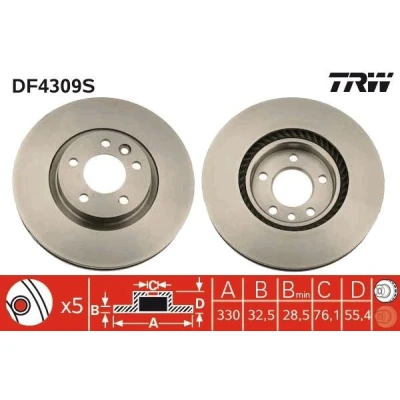Bilde av TRW DF4309S Bremseskiver 333 32,5 5 120 ventilert spraylakkert høy karbon VOLKSWAGEN: Multivan (7HM, Transporter 5, Bus